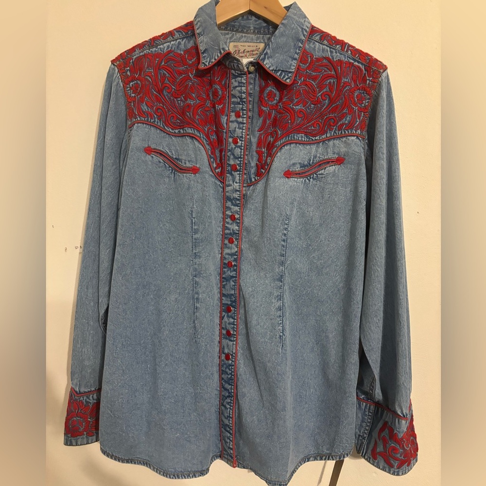 NWT Rockymount Ranch Wear Vintage Denim and Red Tooling western top sz XL